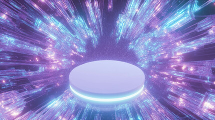 Poster - Futuristic abstract design with illuminated white circular podium and neon light bursts