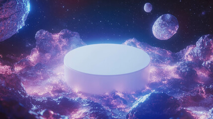 Poster - Futuristic cosmic scene with white circular podium and glowing space elements