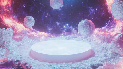 Poster - Futuristic space scene with white circular podium and cosmic background for design projects