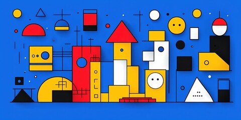Poster - Colorful geometric shapes create an abstract composition on a bright blue background