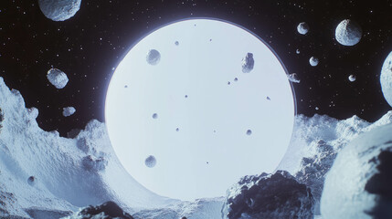 Poster - Cosmic scene with circular white podium surrounded by asteroids and starry sky