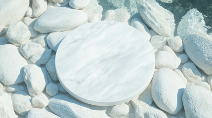 Aufkleber - minimalist circular podium with natural white rocks and water reflection