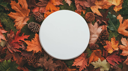 Poster - Autumn season display with white circular podium and colorful leaves