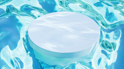Poster - Minimalist white circular podium floating in turquoise water for creative designs