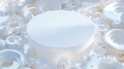 Poster - Minimalist white circular podium surrounded by intricate cogs and gears for industrial design