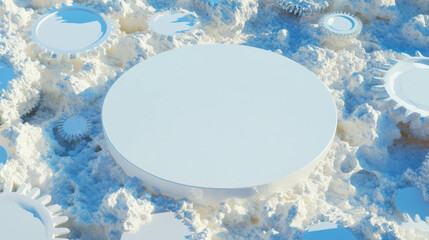 Poster - Abstract design with white circular podium surrounded by gears in snowy setting