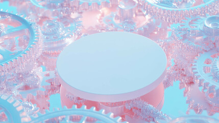 Poster - Abstract mechanical background with white circular podium amidst metallic gears