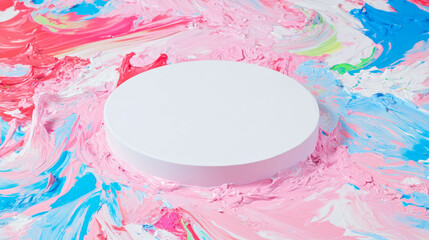 Poster - Colorful artistic background with white circular podium for product display and creative design