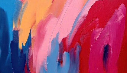 Poster - vibrant abstract painting with bold strokes of pink, blue, and yellow blending in fluid motion for modern interior decor

