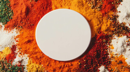 Aufkleber - Colorful spices surrounding minimalist white circular podium for culinary design