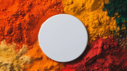 Aufkleber - White circular podium surrounded by vibrant colored powders for design projects