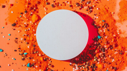 Aufkleber - Minimalist white circular podium on vibrant orange background with colorful pebbles