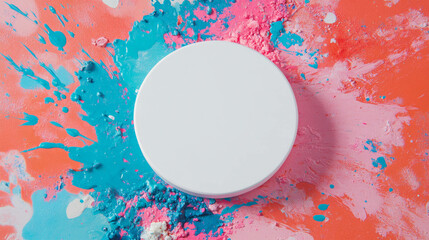 Poster - Colorful abstract design with white circular podium on vibrant splash background