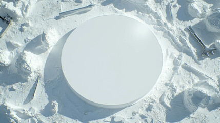 Poster - Minimalist industrial design with white circular podium and tools