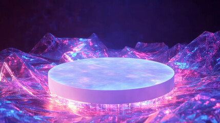 Poster - Futuristic circular podium with neon lighting for artistic display