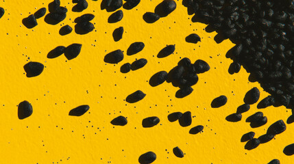Poster - Abstract texture of black poppy seeds scattered on vibrant yellow background