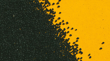 Poster - Overlay texture of black poppy seeds on vibrant yellow background for creative design projects