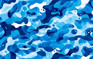 Wall Mural - A seamless pattern of blue camouflage with circular shapes, resembling water ripples or ocean waves, in varying shades of marine blues and whites