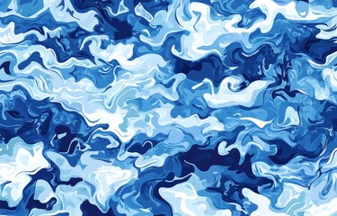 Wall Mural - A seamless pattern of blue camouflage with circular shapes, resembling water ripples or ocean waves, in varying shades of marine blues and whites
