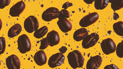 Poster - Overlay texture of dark brown coffee beans on vibrant background for creative design