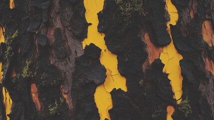 Poster - Unique overlay texture of dark brown tree bark with deep crevices and yellow background for organic design