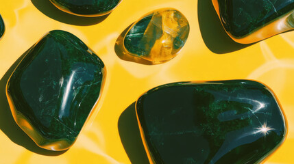Poster - Smooth polished dark green jade stones on vibrant yellow background for design and decoration