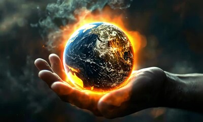 Poster - creative visual of a glowing earth held in a human hand surrounded by flames and smoke at night