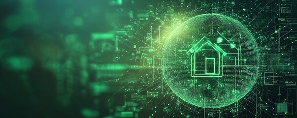 Poster - A glowing green globe representing the global interconnected network, with digital connections, home and person icons, and flowing information in a modern tech style