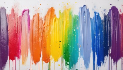 Poster - vibrant abstract rainbow paint strokes with dripping texture on white background, perfect for modern art decor or design projects

