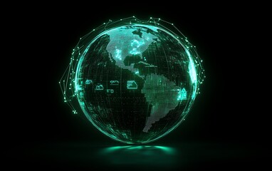 Aufkleber - A glowing green globe symbolizing the interconnected global network, with digital earth design and icons representing home, person, and global connections and information flow