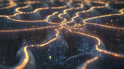 Fototapete - A digital landscape with glowing pathways resembling neural connections or circuits.