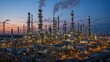 © benjamas - Illuminated Oil Refinery with Tall Towers and Smoke Emitting at Dusk in an Urban Environment
