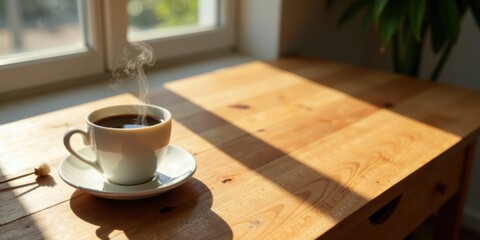Poster - Warm Morning Sunlight Illuminates a Steaming Cup of Coffee on a Wooden Table
