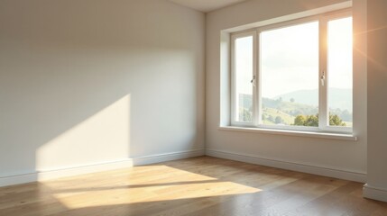 Poster - Sunlight streams through a large window in an empty room with hardwood floors and white walls