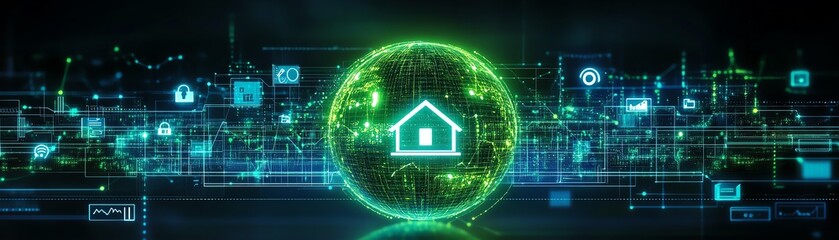 Poster - Digital earth with a glowing green globe displaying global connections, network icons for home, person, and charts showing the flow of information in a modern tech design