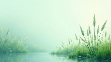 Poster - Serene Lakeside Meadow with Soft Morning Mist and Grasses