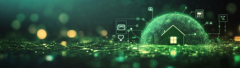 Poster - Glowing green globe representing a digital global network, displaying icons for home, person, and chart with information flow across the interconnected earth in a modern tech style