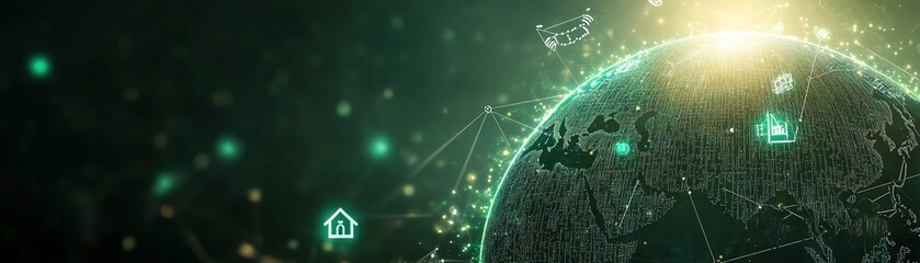 Poster - Glowing green globe representing a digital global network, displaying icons for home, person, and chart with information flow across the interconnected earth in a modern tech style