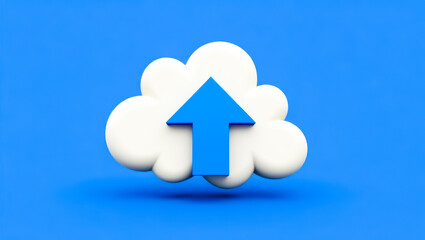 Poster - 3d render of blue upward arrow in white cloud on blue background
