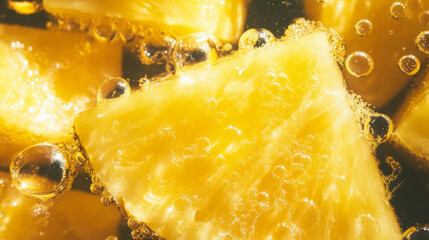 Poster - Refreshing pineapple soda texture with fizzy bubbles and bright yellow tones