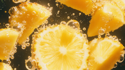 Poster - Refreshing pineapple soda texture with bubbles for summer beverage design
