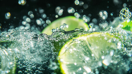 Poster - Refreshing lime slices in bubbling tonic water texture for beverage design
