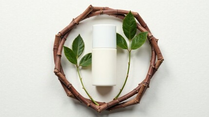 Aufkleber - Natural Skincare Product Mockup Organic Lotion Bottle Surrounded by Branches and Green Leaves