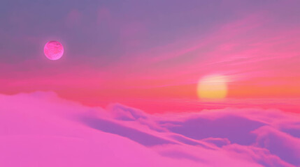 Poster - Serene pink gradient sky with moon and sun at sunset