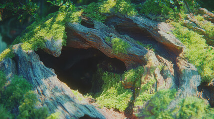 Poster - Close-up of ancient tree bark with moss and deep grooves