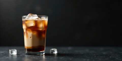 Poster - Refreshing Iced Coffee Drink in a Glass with Ice Cubes on Dark Background