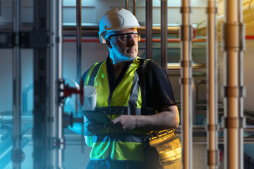 Poster - boiler room engineer. man among pipes. human in engineers clothes is standing indoor. guy in room wi