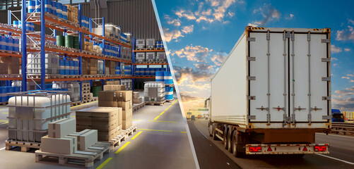Poster - Logistics industry. Storage and transportation of goods. Truck is carrying goods from warehouse. Storage with barrels on racks. Cargo van is driving down road. Logistics business. Cargo delivery