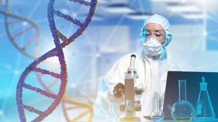 Poster - Specialist genetics. DNA helix. Genetic laboratory employee with microscope. Scientist sequences DNA chain. Geneticist at work. Lab technician studies human RNA. Woman geneticist in protective suit