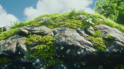 Poster - Lush moss and lichen on rough tree bark under bright sky
